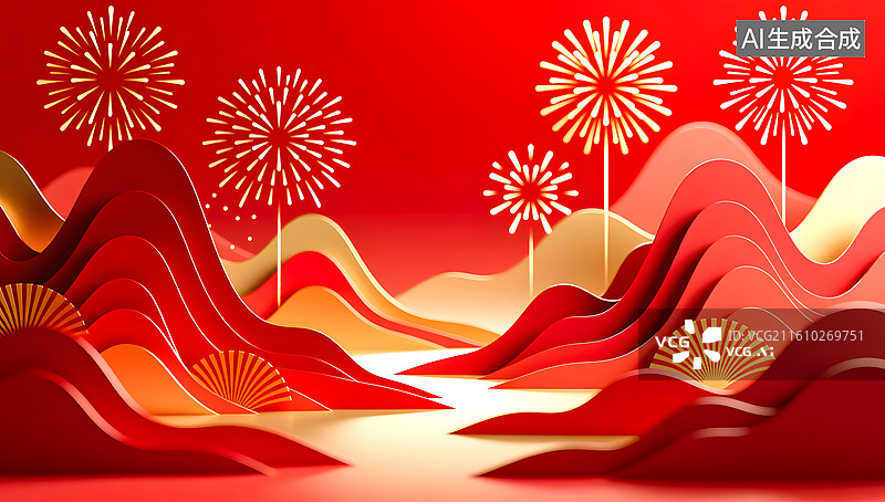 【AI数字艺术】节日抽象山水与烟花交织展现热闹景象图片素材