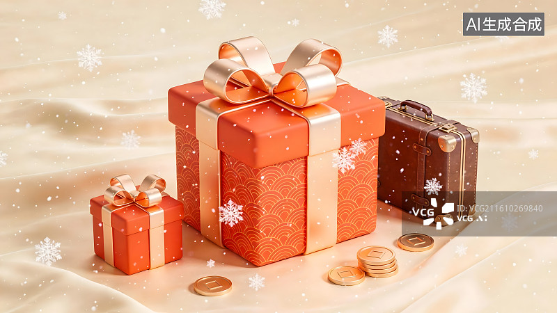 【AI数字艺术】巨型礼盒与旅行元素构成东方潮流的抽象意象图片素材