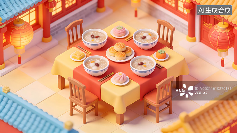 【AI数字艺术】腊八节餐桌微缩场景中的暖心食物组合图片素材