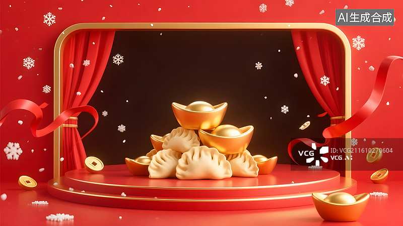 【AI数字艺术】喜庆红色舞台金元宝饺子节日场景图片素材