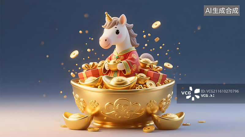【AI数字艺术】小马化身财神坐聚宝盆中招财进宝图片素材