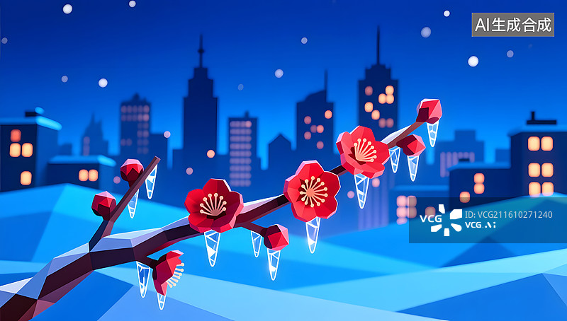 【AI数字艺术】雪夜城市灯火中红梅静静绽放图片素材