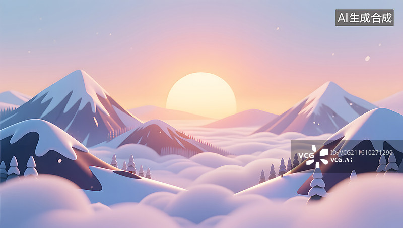 【AI数字艺术】冬日旭日照耀雪山云海的宁静画面图片素材