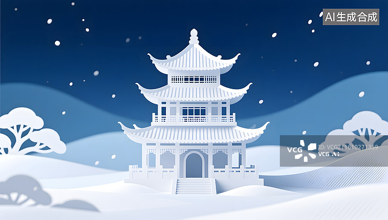 【AI数字艺术】雪中楼阁映衬东方美学的静谧夜色图片素材