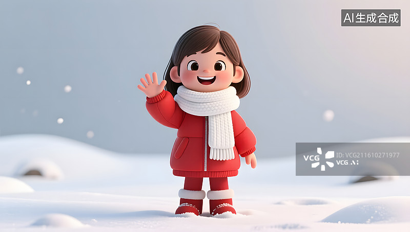 【AI数字艺术】友好小女孩在雪地中向镜头招手图片素材
