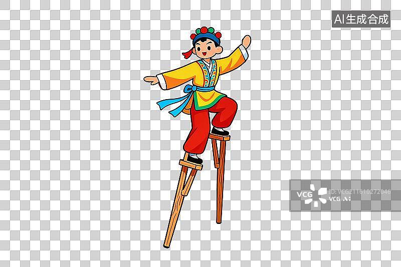 【AI数字艺术】卡通风格，踩高跷的表演艺人PNG格式的免扣元素图片素材