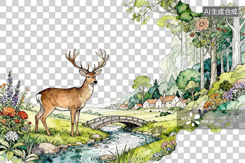 【AI数字艺术】卡通风格，丛林中，小溪边的一只梅花鹿PNG格式的免扣元素图片素材