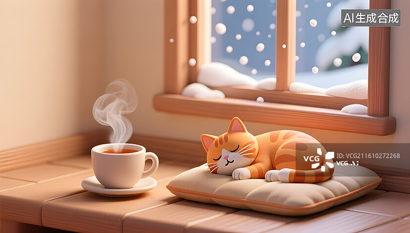 【AI数字艺术】橘猫与热茶相伴的温暖冬日室内图片素材