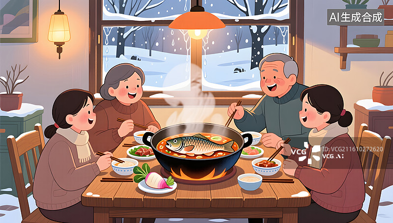 【AI数字艺术】冬日炖鱼饭桌家庭温暖时光图片素材