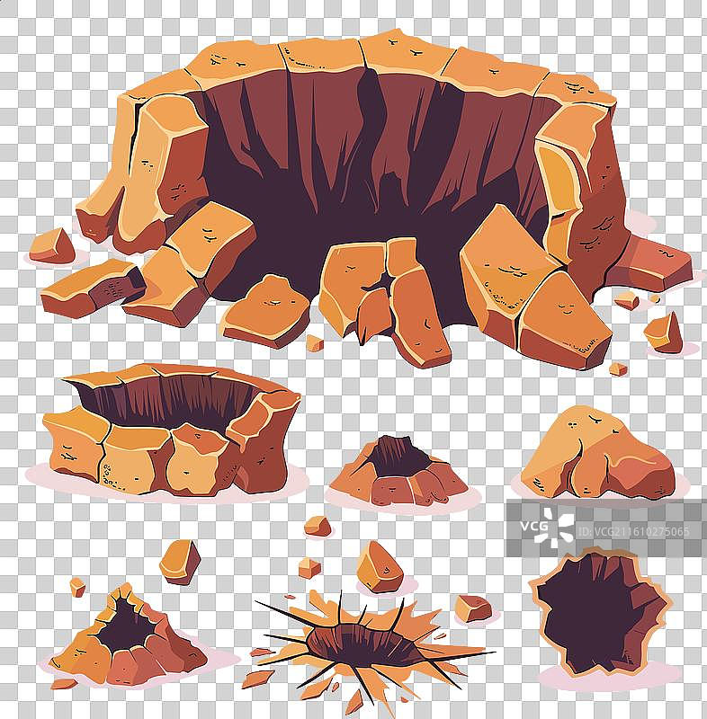 各种卡通风格的裂纹地面碎片和孔洞图片素材