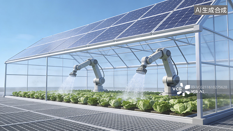 【AI数字艺术】太阳能温室中的机器人农业图片素材