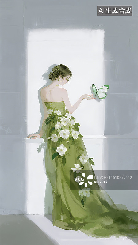 【AI数字艺术】白色背景墙，一个女子侧身的背影，微卷的长发盘起，茉莉绿色抹胸长裙，一只晕染白绿色蝴蝶停驻在女子指尖。图片素材