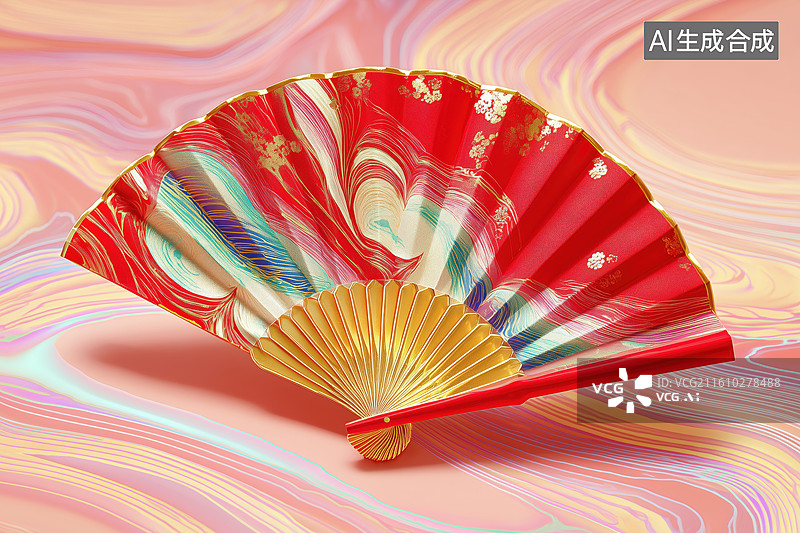 【AI数字艺术】中国风一把红色羽毛图案的折扇3D立体插画图片素材