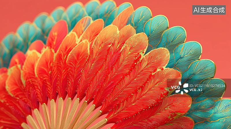 【AI数字艺术】中国风一把红色羽毛图案的折扇3D立体插画图片素材