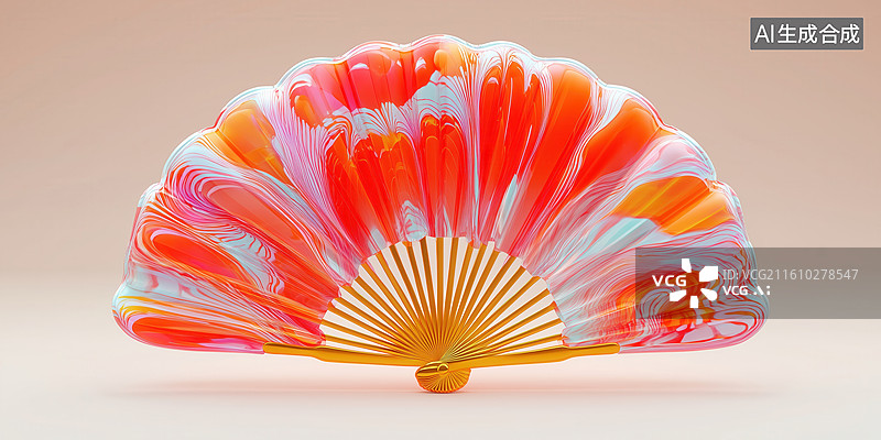 【AI数字艺术】中国风一把红色羽毛图案的折扇3D立体插画图片素材