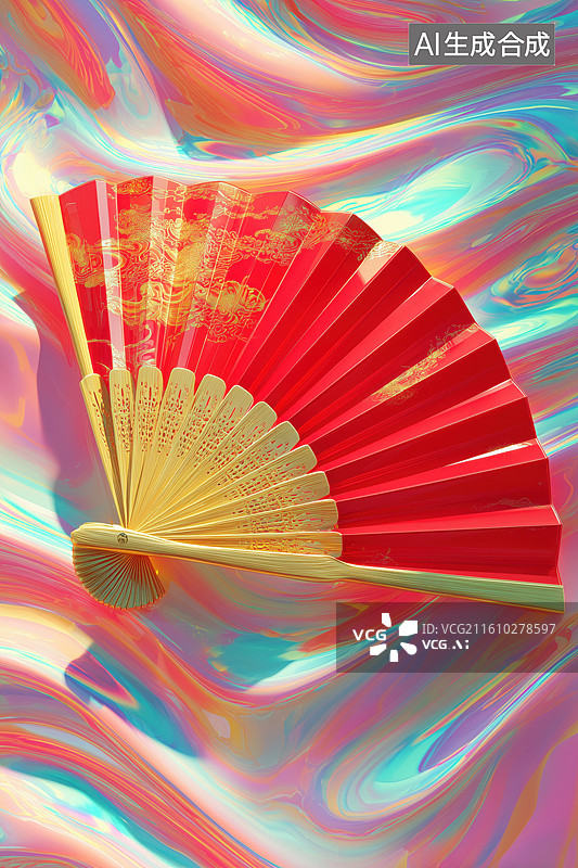 【AI数字艺术】中国风一把红色羽毛图案的折扇3D立体插画图片素材