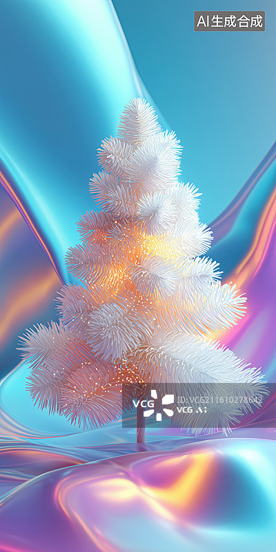 【AI数字艺术】荧光色山谷间的白色圣诞树3D卡通立体松树插画图片素材