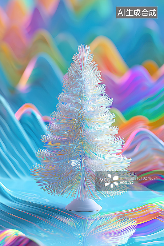 【AI数字艺术】荧光色山谷间的白色圣诞树3D卡通立体松树插画图片素材