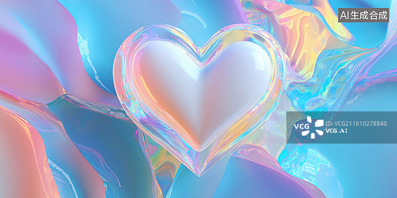 【AI数字艺术】荧光色流体面上白色的心型饰品3D卡通立体插画图片素材