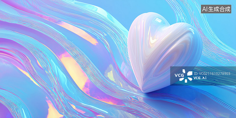 【AI数字艺术】荧光色流体面上白色的心型饰品3D卡通立体插画图片素材