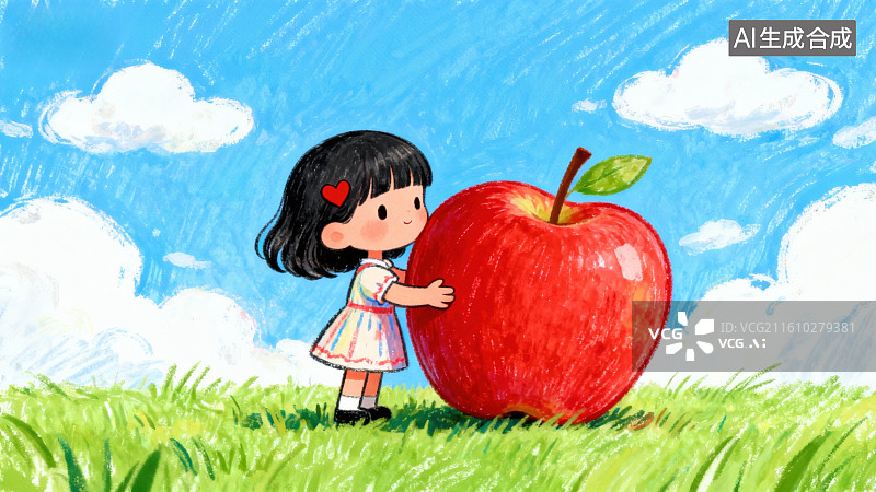 【AI数字艺术】小女孩与大红苹果图片素材