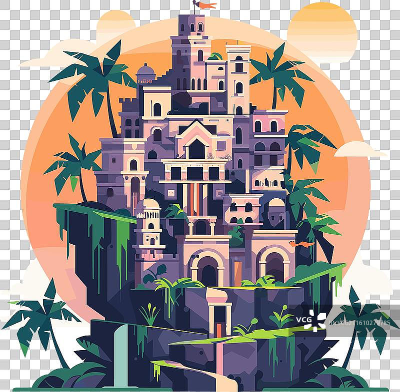 奇幻城堡，生机勃勃的日落，魔法，古老图片素材