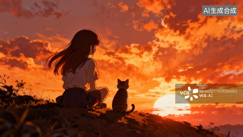 【AI数字艺术】女孩与猫共赏日落图片素材