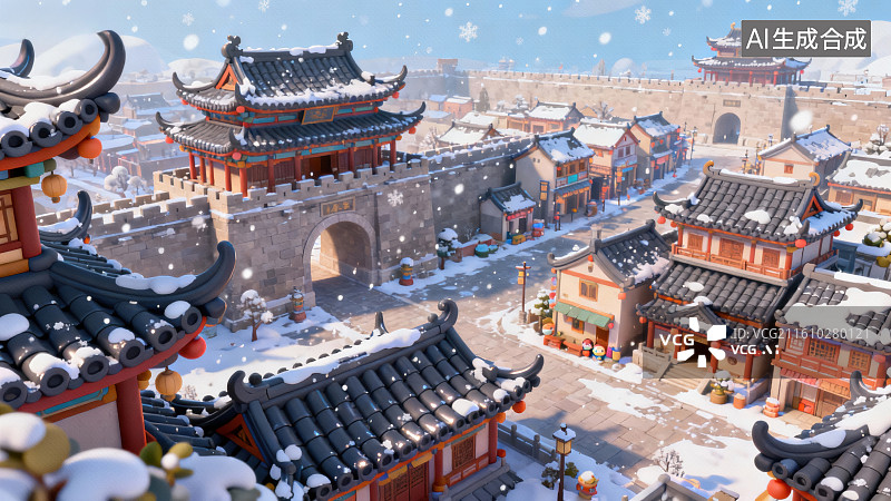 【AI数字艺术】雪中古风城镇街景图片素材