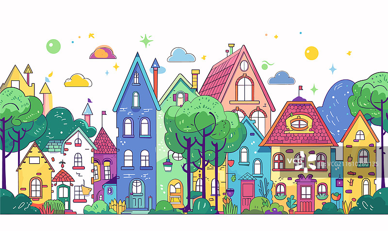 色彩鲜艳的卡通房屋和树木，充满活力的社区图片素材