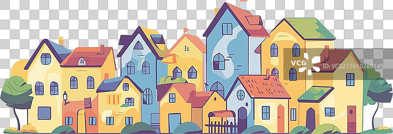 色彩缤纷的卡通房屋密集地聚集在一起，周围绿意盎然图片素材