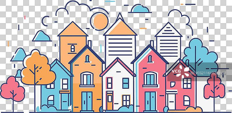 色彩缤纷的联排房屋、树木、云彩，平面图片素材