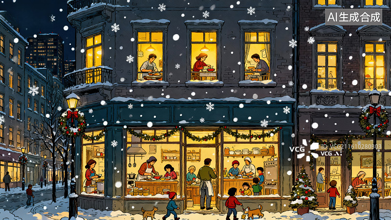 【AI数字艺术】雪夜街景中的温馨商店图片素材