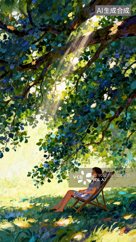 【AI数字艺术】树荫下女子静坐休憩图片素材