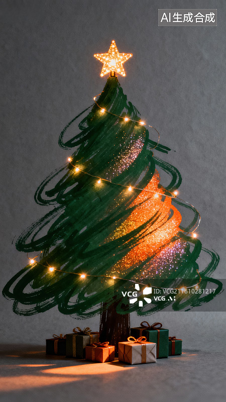 【AI数字艺术】发光彩带圣诞树装饰图片素材