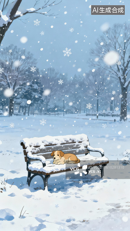 【AI数字艺术】雪中长椅上的小狗图片素材