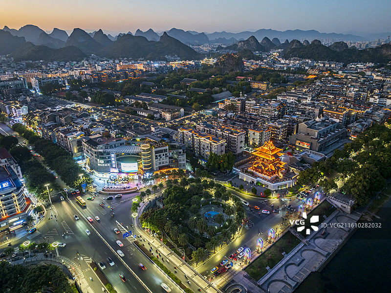 桂林市区夕阳夜景风光航拍图片图片素材
