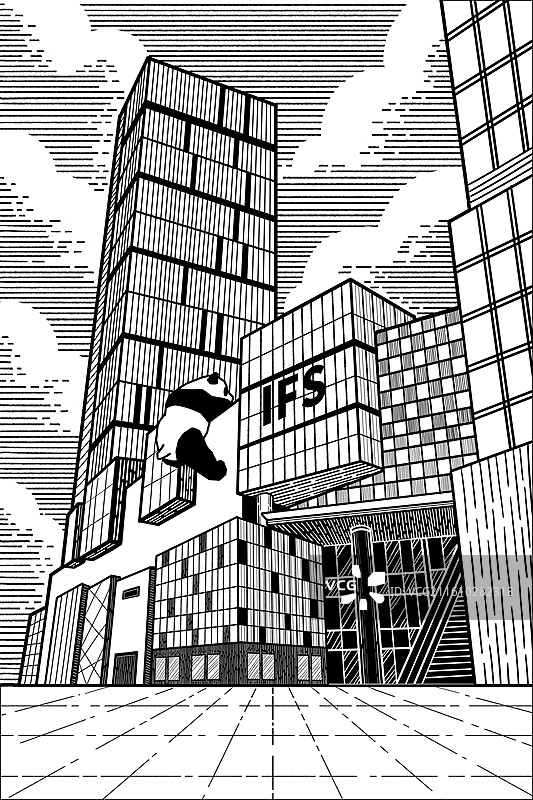 成都IFS国际金融中心黑白版画风格插画图片素材