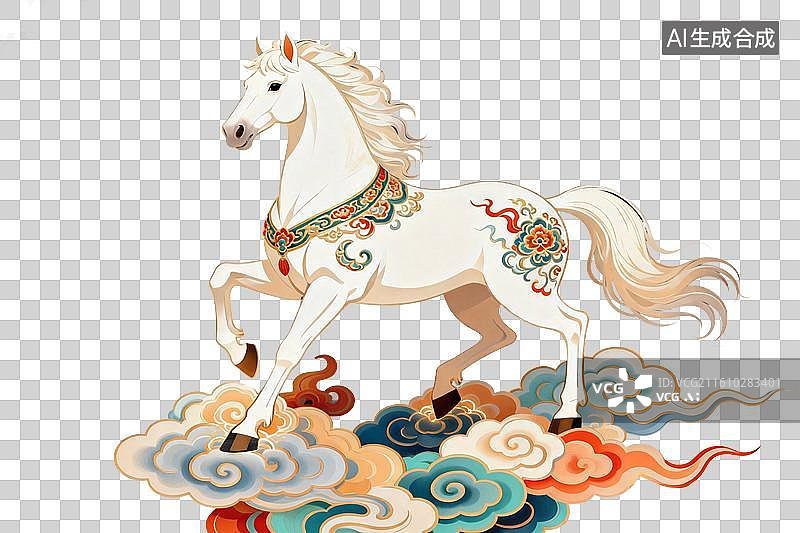 【AI数字艺术】卡通风格，脚踏祥云的白色骏马PNG格式的免扣元素图片素材