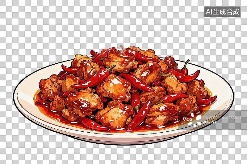 【AI数字艺术】卡通风格，一盘美味诱人的辣子鸡PNG格式的免扣元素图片素材