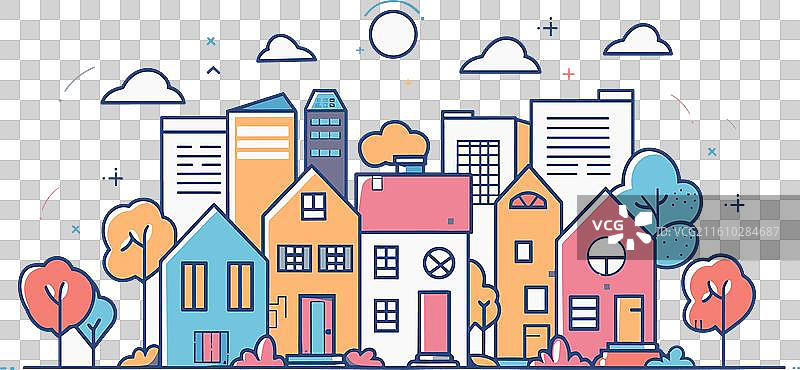 五颜六色的城市天际线，各种建筑和树木图片素材