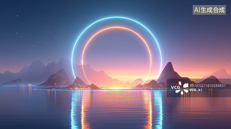 【AI数字艺术】霓虹光环映照湖面山景图片素材