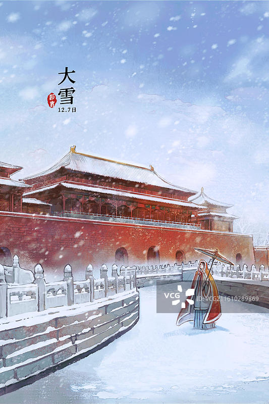 二十四节气冬季大雪故宫飘雪风景-古风国风水墨风水彩写意画海报设计模板图片素材