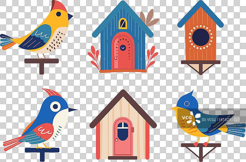 五颜六色的卡通鸟栖息在各种鸟屋上图片素材