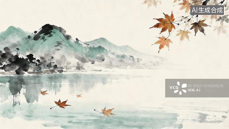 【AI数字艺术】水墨画   秋天宁静湖面山水面图片素材