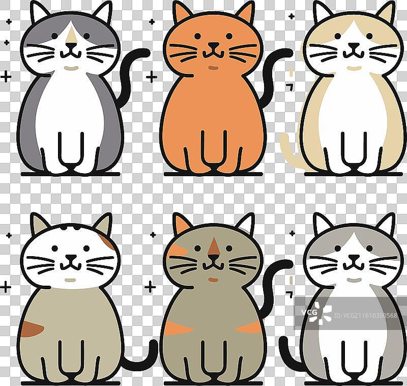 六只可爱的卡通猫，毛色各异，坐着图片素材