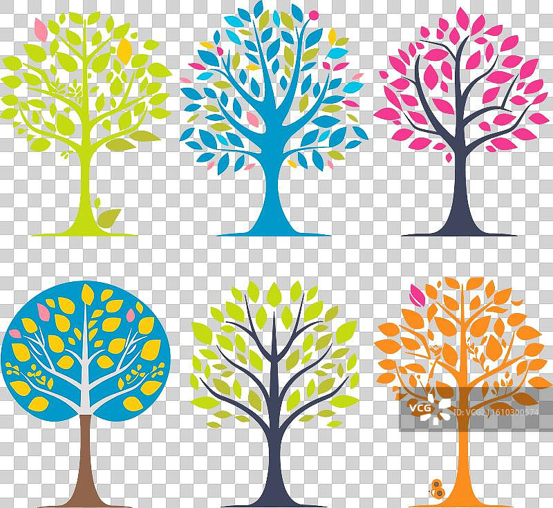六棵风格化的树，代表不同的季节图片素材