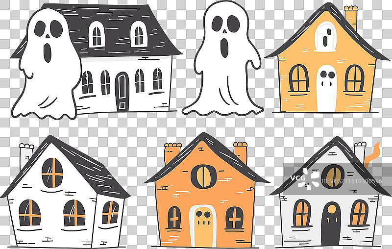 六栋卡通房屋，顶行有鬼魅般的幽灵图片素材