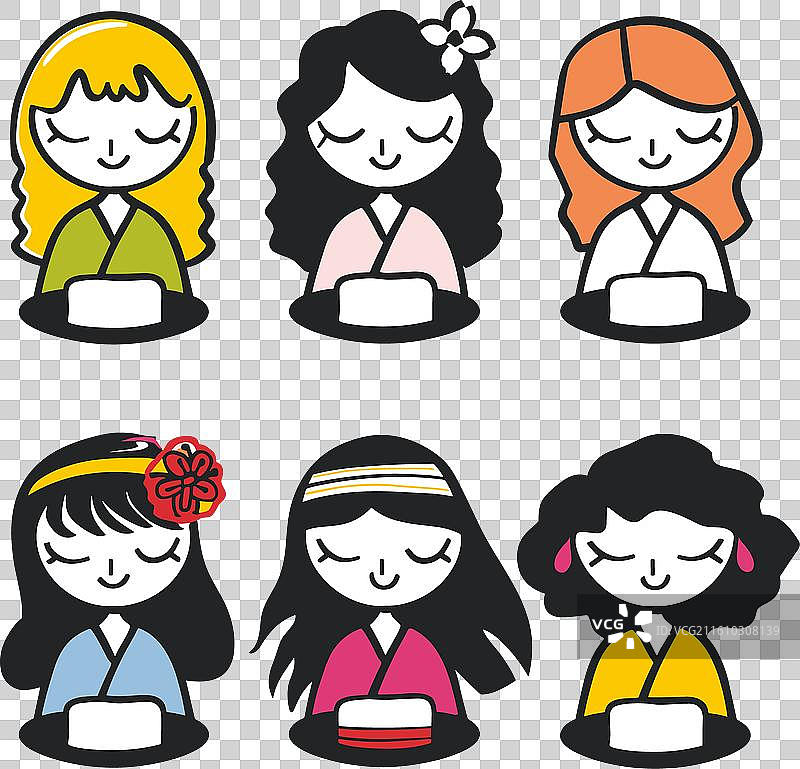 六个卡通女孩穿着不同服装冥想图片素材