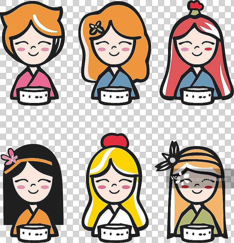 六个穿着亚洲传统服饰的卡通女孩图片素材