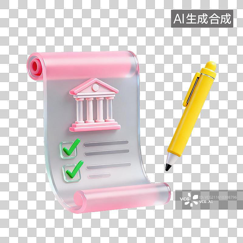 【AI数字艺术】3D磨砂玻璃材质金融理财主题银行文件签署政府法令签字笔对勾元素图片素材